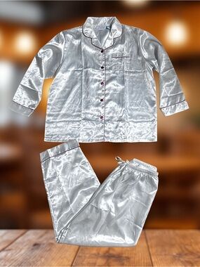 Allison Rhea ~ X-Large ~ White Satin W/ Red Trim & Buttons Pajamas (Top/ Pants)